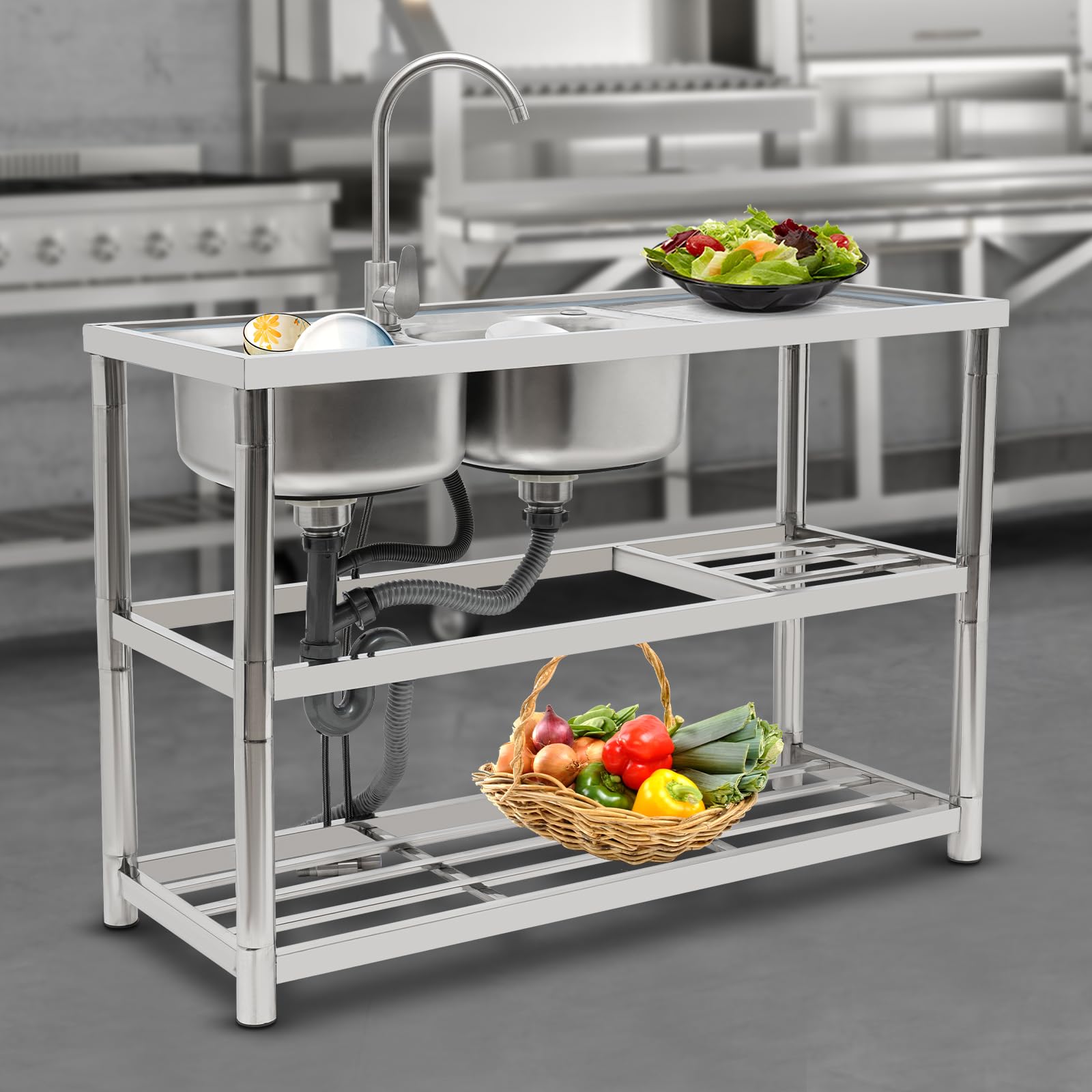 Mobile lavello da cucina indipendente in acciaio inox, 2 vasche e piano di lavoro, 120 x 45 x 80 cm, doppio lavello in acciaio inox, con rubinetto girevole a 360°, dispositivo di scarico,