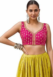 TRENDMALLS Women's Dhupion Silk Embroidery Sequence Work V Neck Sleeveless Blouse Choli Stylish Saree Blouse Ready to Wear Price In India