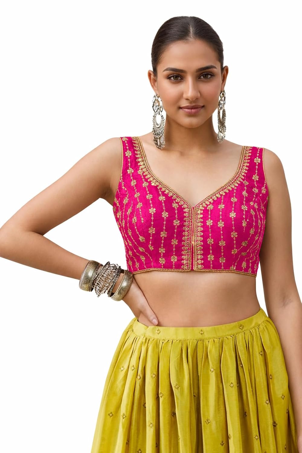 TRENDMALLS Women’s Dhupion Silk Embroidery Sequence Work V Neck Sleeveless Blouse Choli Stylish Saree Blouse Ready to Wear Free Size