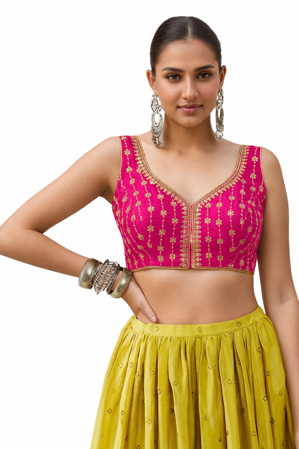 trendmalls Women's Dhupion Silk Embroidery Sequence Work V Neck Sleeveless Blouse Choli Stylish Saree Blouse Ready to Wear-picture-33