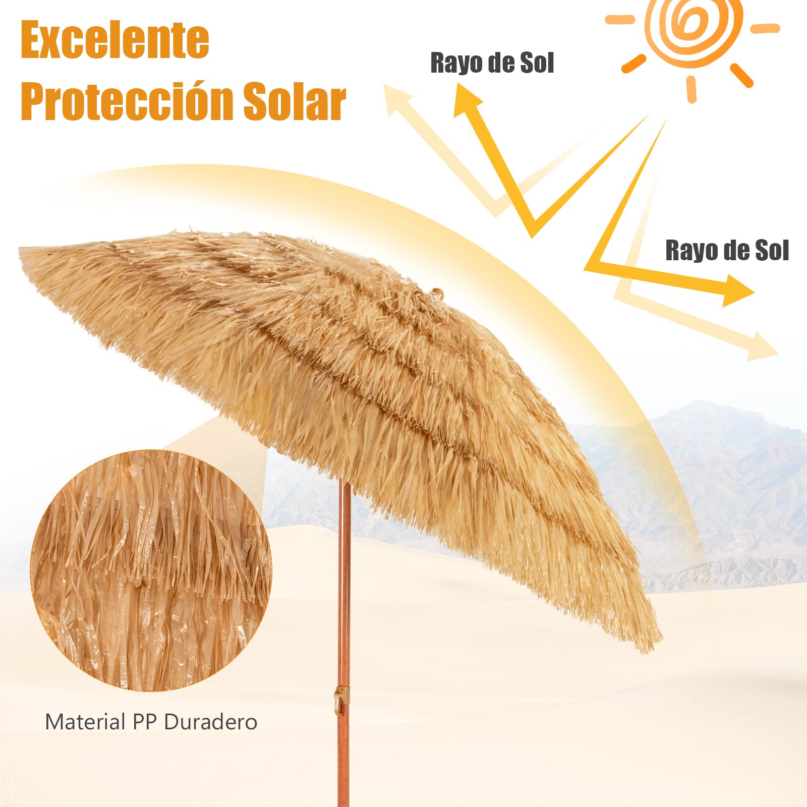 RELAX4LIFE Sombrilla Terraza Exterior de Paja PP con con Inclinación Ajustable 0-30°, 8 Varillas de Metal y Barra Desmontable, Sombrilla Playa con Protección UV para Jardín, Patio y Piscina