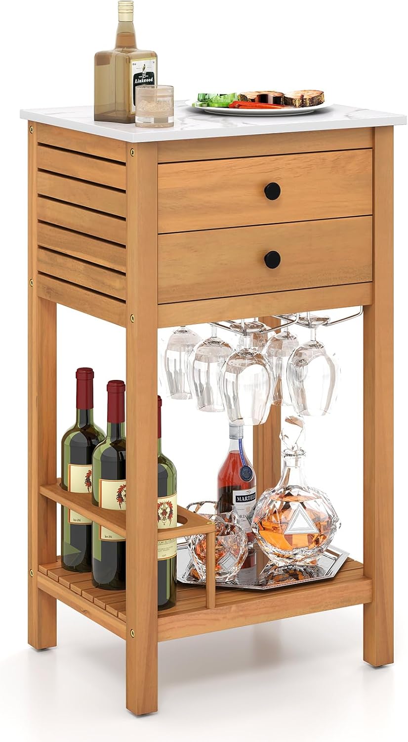 Goplus Outdoor Side Table, Acacia Wood Bar Table w/Marble-Like Countertop, 2 Storage Drawers, Bottom Shelf, Glass & Wine Holders, Small Buffet Sideboard for Patio, Backyard, Garden, Deck Corner
