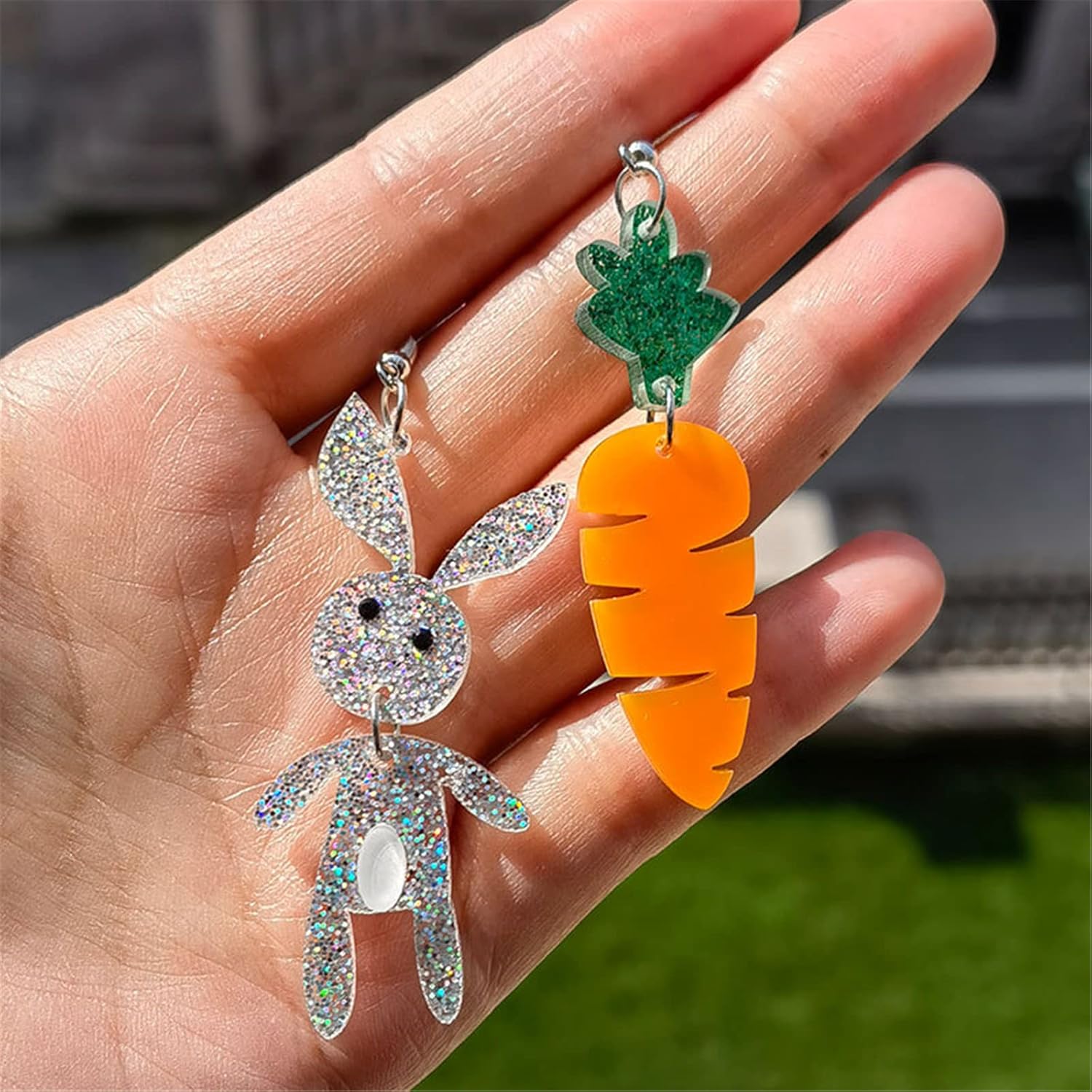 MALOYANVE Rabbit Carrot Earrings for Women Cute Cartoon Sparkly Acrylic Asymmetric Animal Easter Bunny Dangle Drop Earrings Holiday Easter Jewelry Gift Accessories - Image 5