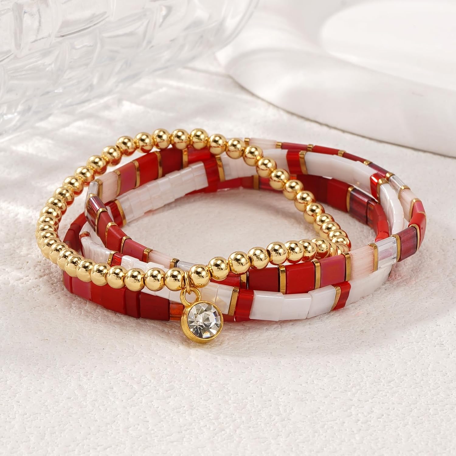 Tila Flat Gold Plated Seed Stretch Beaded 4Pcs Stack Bracelets Set for Women, Trendy Stackable Colorful Square Beads Stack Bracelet Friendship Jewelry Gift - Image 3