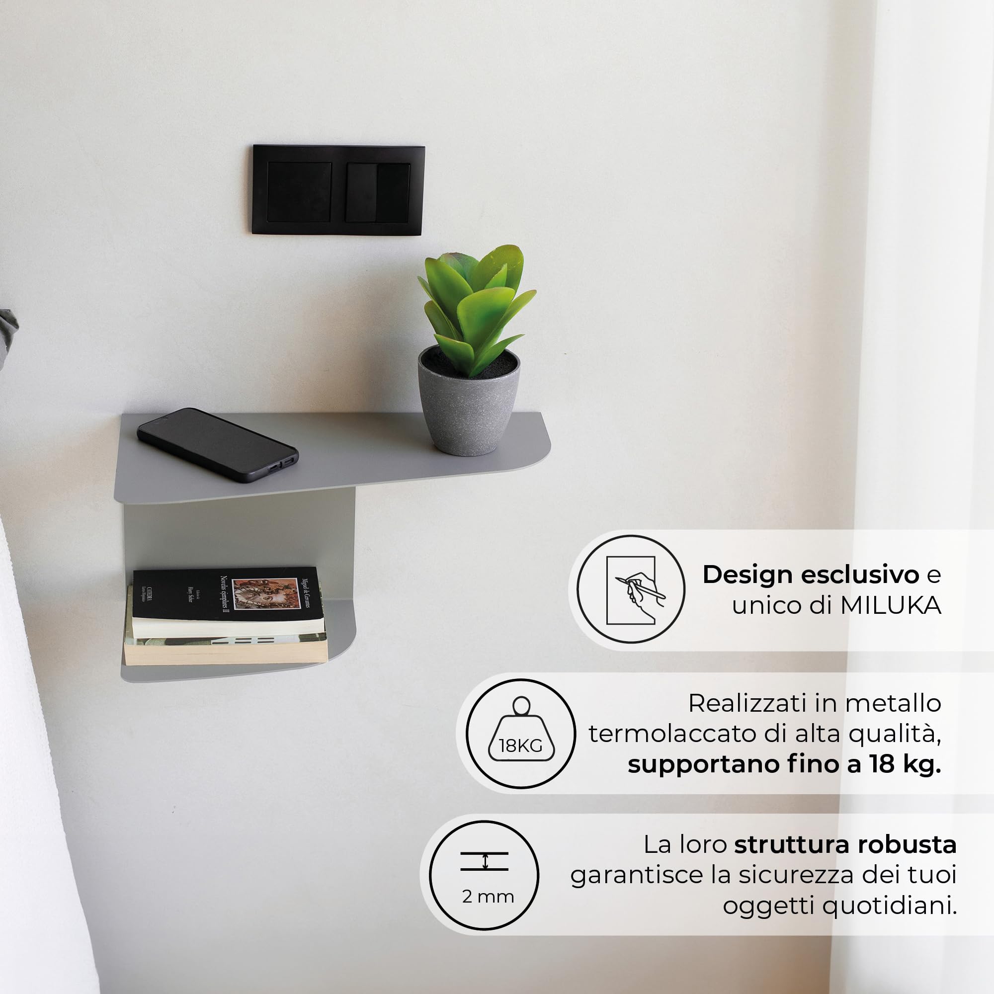MILUKA Set 2 Comodini Camera da letto 40 x 20 cm | Comodino Sospeso con 2 Livelli | Comodino Bianco Ideali come Mensole da muro angolare e Consolle Ingresso (2, Bianco)