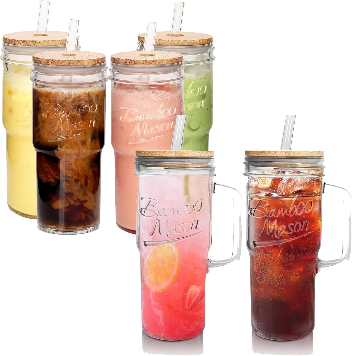 ANOTION Glass Cups with Lids and Straws Ultimate Bundle - 6-Pack 24oz Tumbler with Handle Mason Jar Cups, Travel Coffee Mug, Bamboo Lids, Glass Straws, Iced Coffee Cups, Kitchen Essentials, Housewarmi