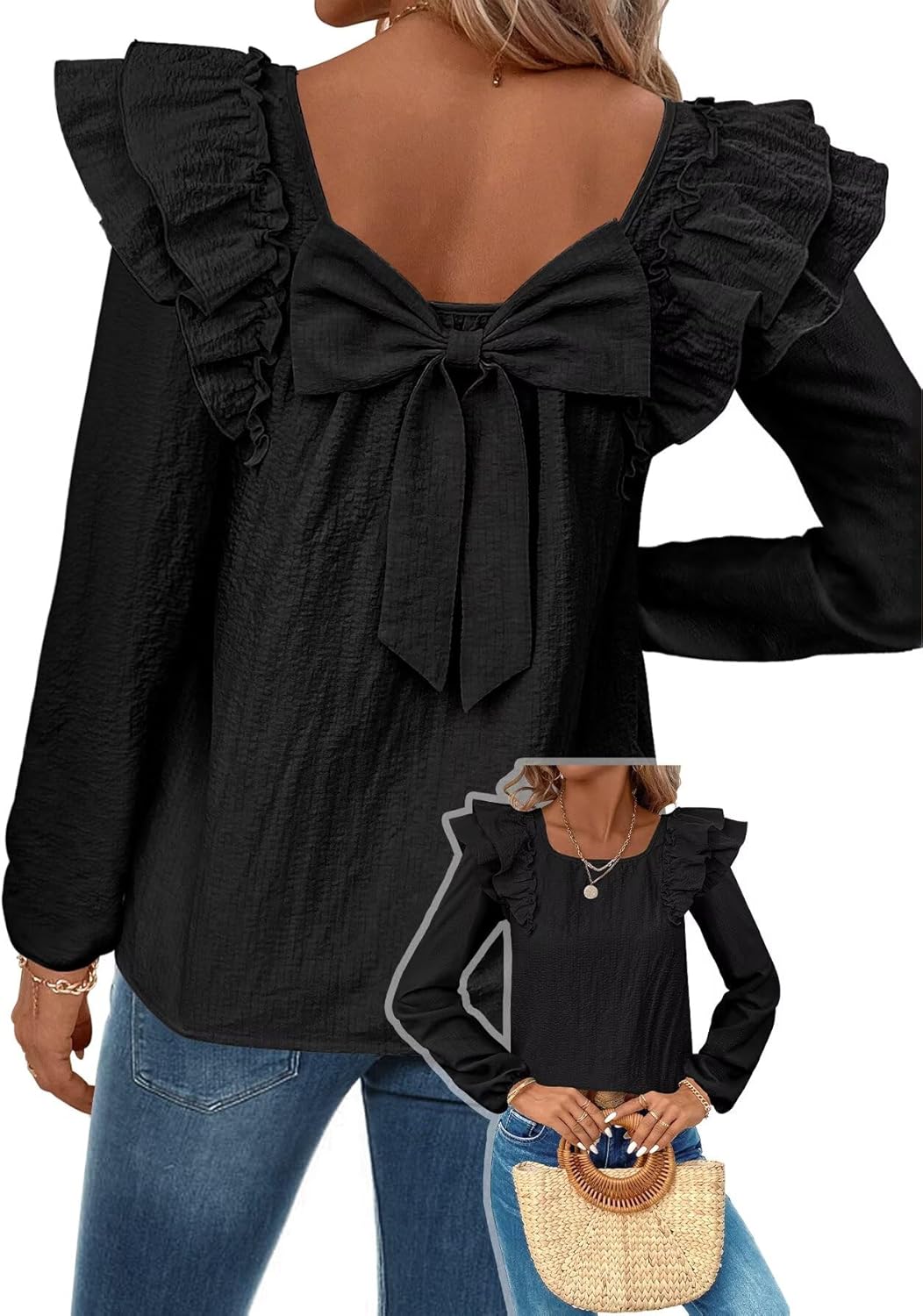 Womens Bow Tie Back Tops Square Neck Long Ruffle Sleeve Shirts Cute Babydoll Chiffo...