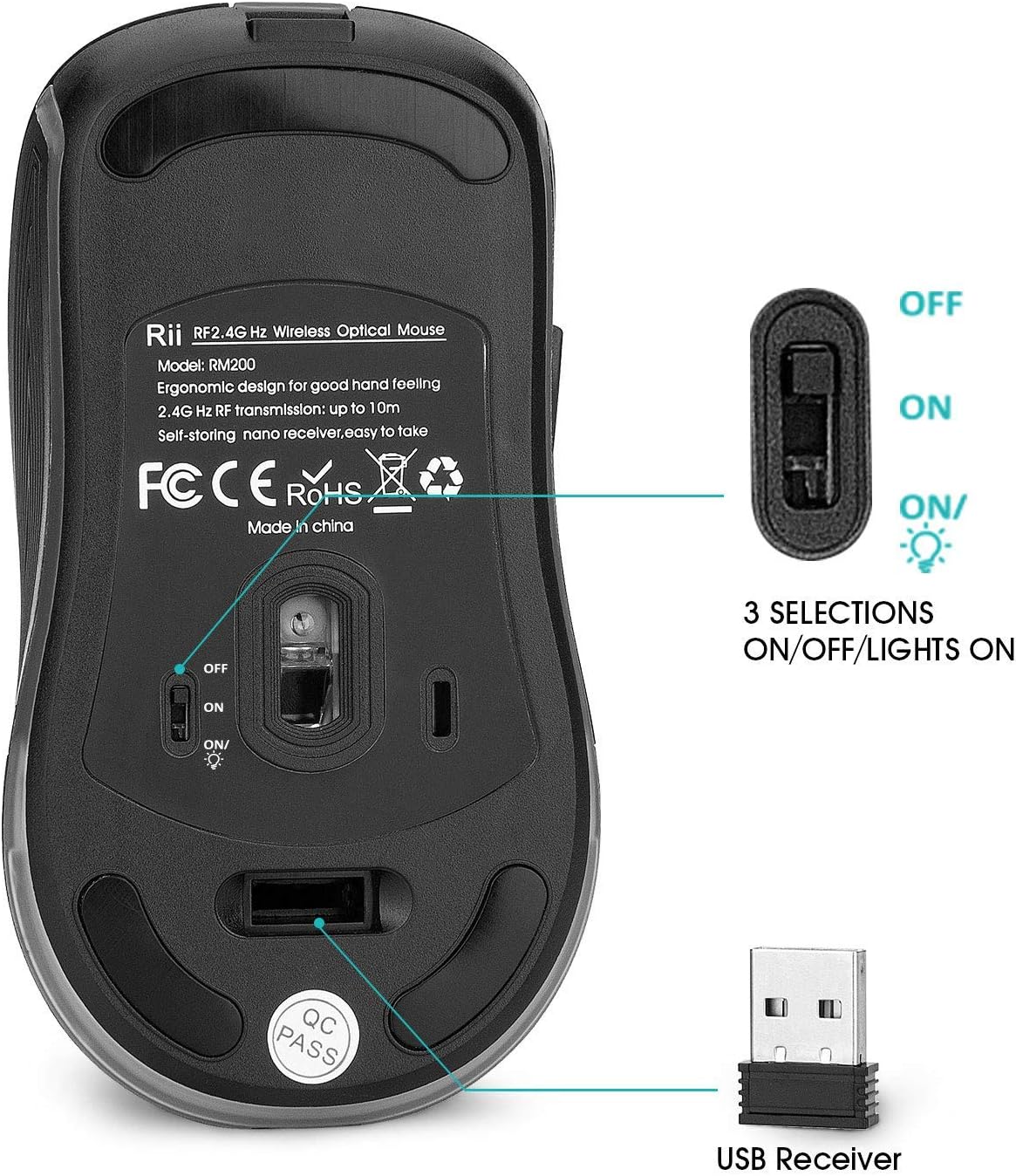 Bottom view of Rii RM200 mouse showing ON/OFF switch and USB receiver storage