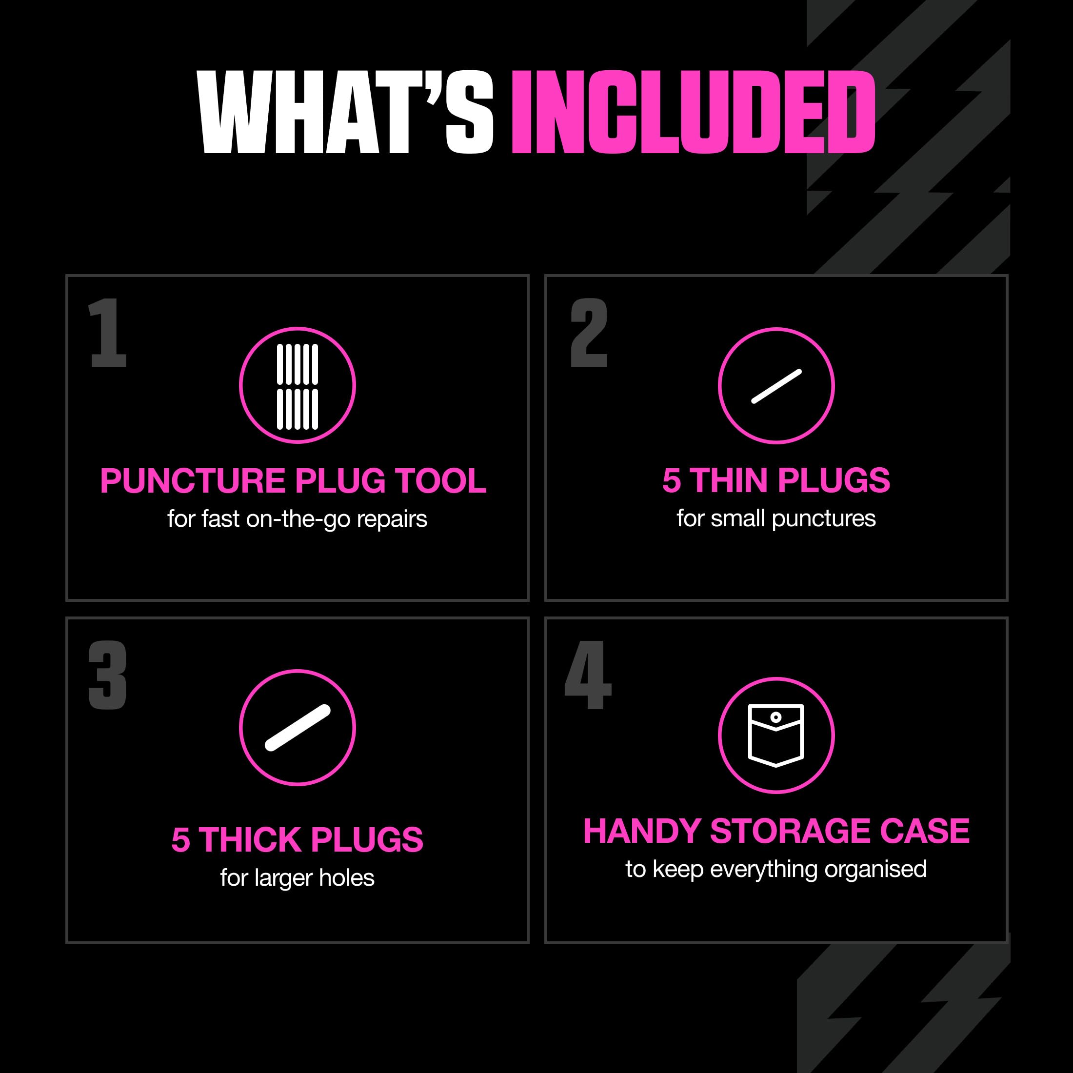 Muc-Off Kit Reparador de Neumáticos de Bicicleta - Kit Reparador Pinchazos de Bicicleta para Ruedas Tubeless - Incluye Herramienta Antipinchazos Punzón y Escariador 2-en-1, 10 Tiras, 1 Bolsa