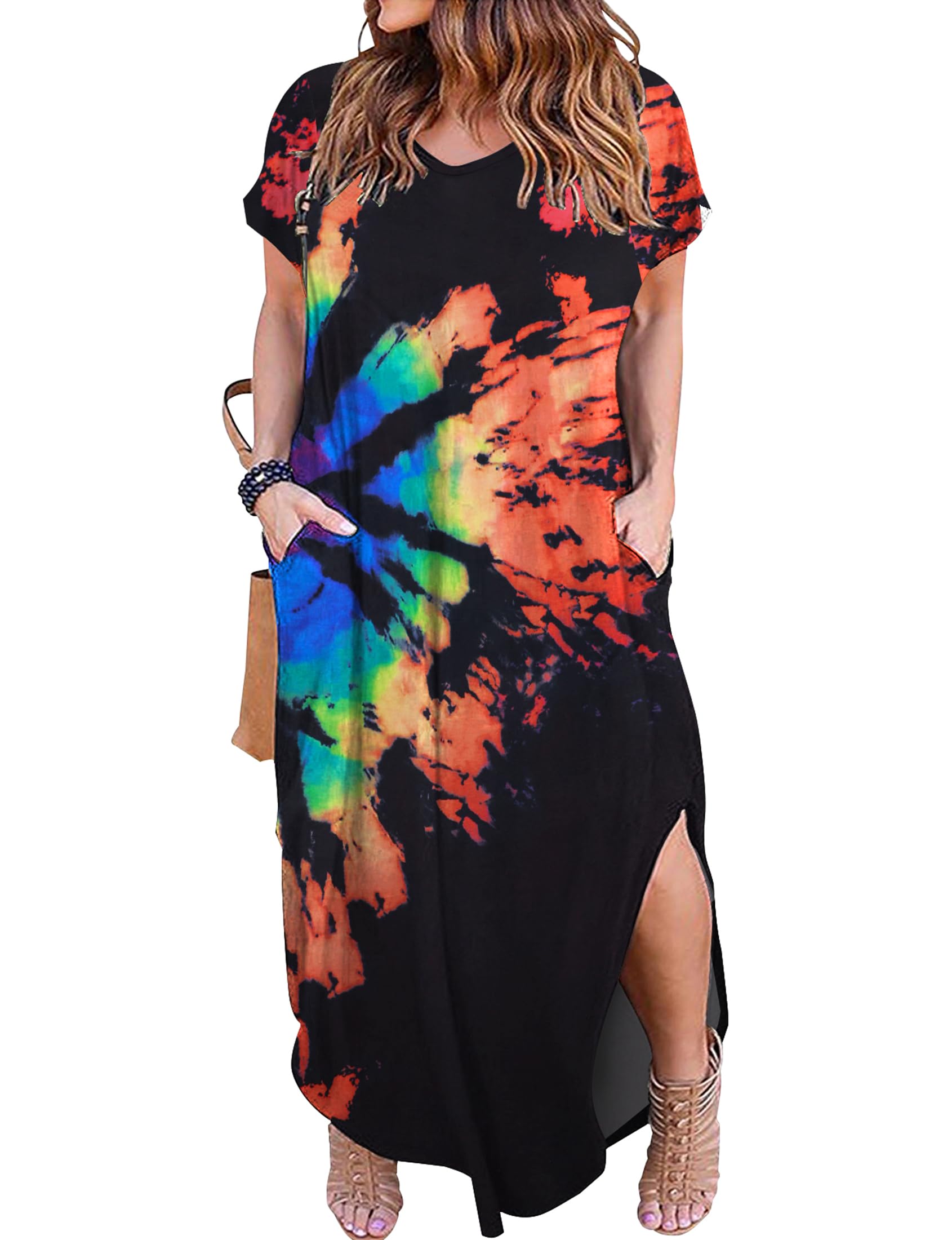 KancystoreWomen's Plus Size Dresses Casual Loose Pocket Short Sleeve Slits Plus Size Long Maxi Dress XL-5X
