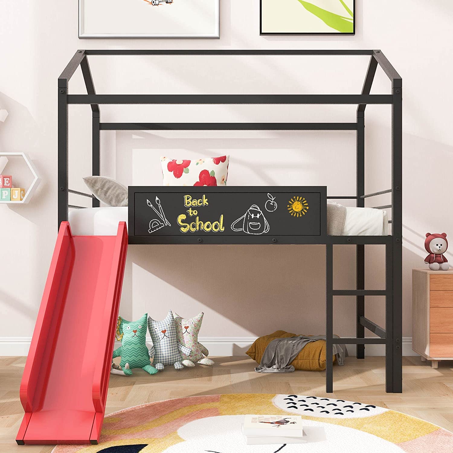 Harper & Bright Designs Twin Size House Loft Bed with Slide, Metal Loft Bed Frame Twin with Ladder, Kids Playhouse Loft Bed with Writing Board for Girls Boys, No Box Spring Needed,Black+Red