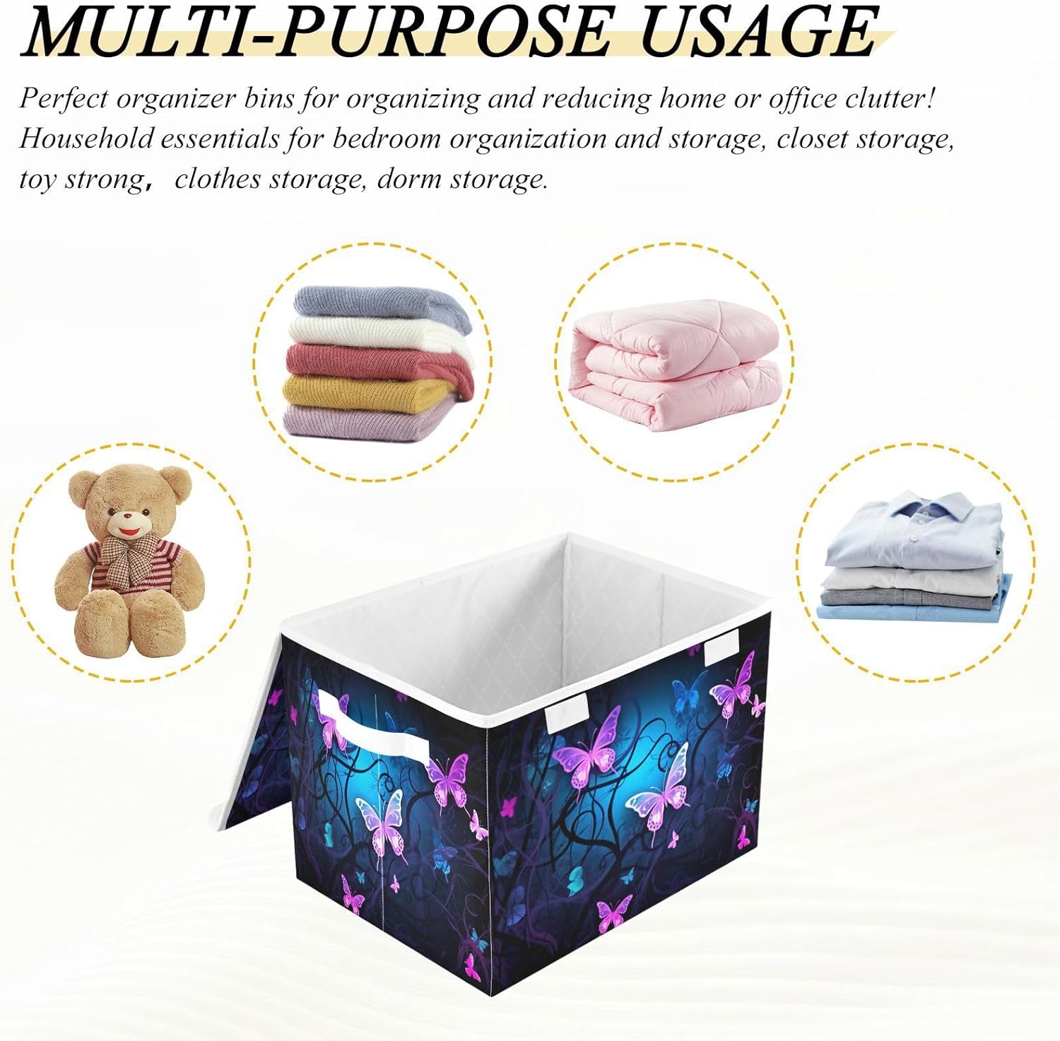 YETTASBIN Purple Blue Butterfly Storage Basket with Lid and Handles, Large Collapsible Fabric Storage Bins Durable Storage Organizer for Shelves, Closet, Bedroom, School, Office, Home Decor