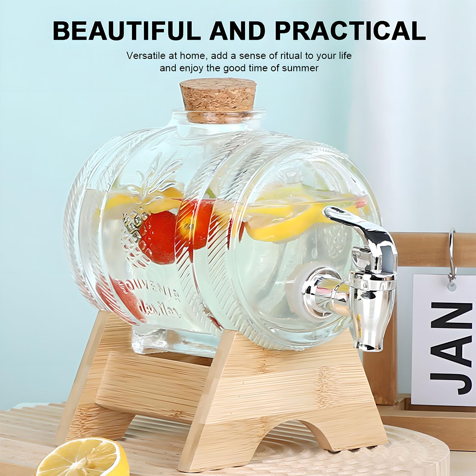 Dispensador de bebidas de vidrio con tapa de corcho de madera y soporte de bambú, grifo ABS para jugo, agua, té y bebidas, capacidad de 5 litros, perfecto para fiestas y eventos