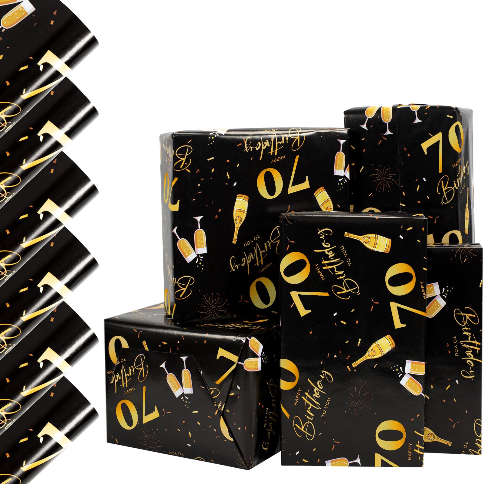 Vinuwu 6 Sheets 70th Birthday Wrapping Paper, 70x50cm Black & Gold Celebration Happy Birthday Gift Wrap Paper for Women Ladies Female Men, Decorations Recyclable -70th