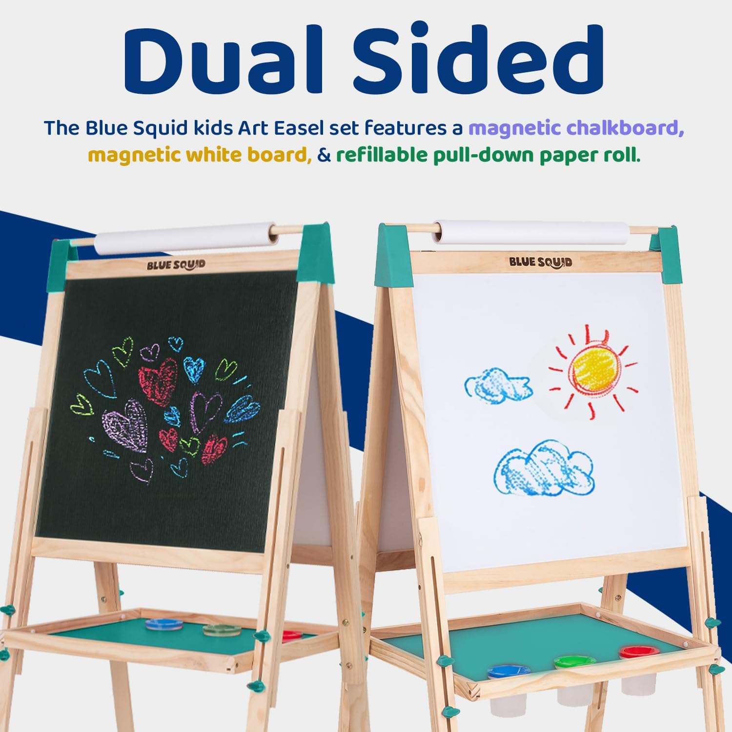 Blue Squid Art Easel for Kids, Easels for Toddlers | Adjustable Art Easel with Paper Roll, Magnetic Kid Chalkboard Easel Double Sided, Toddler White Board Toddler Easel for Kids + Accessories