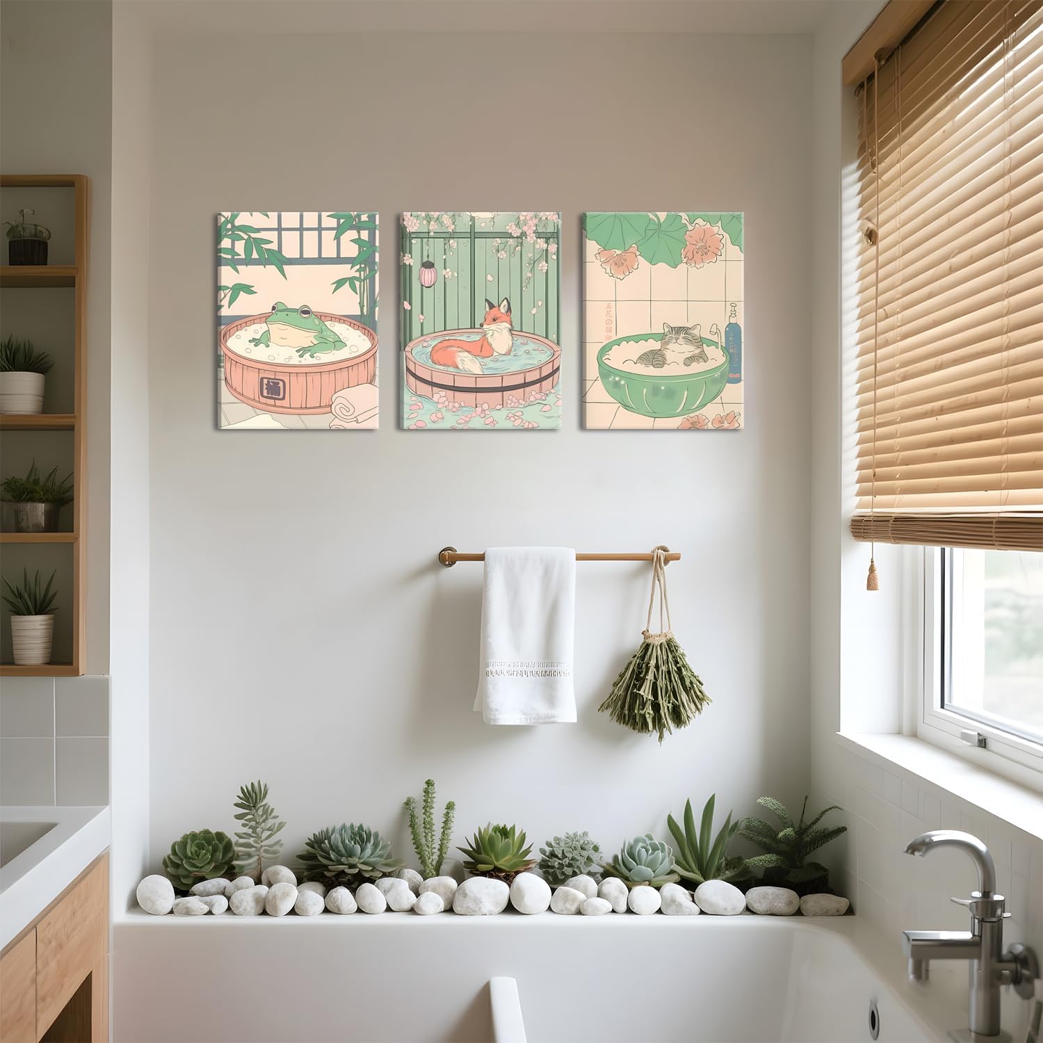Framed Japanese Bathroom Wall Art Set of 3, Cute Tabby Cat Fox and Frog in Bathtub Pictures Wall Decor Paintings, Vintage Funny Animal Canvas Prints Home Decor for Restroom Toilet Spa Room 16x24 inch