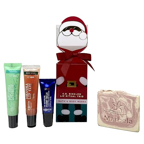 Bath & Body Works C.O. Bigelow Lip Ritual Trio - Brillo labial Mentha, tinte labial rosa mentha, mi bálsamo nocturno favorito con un jabón de