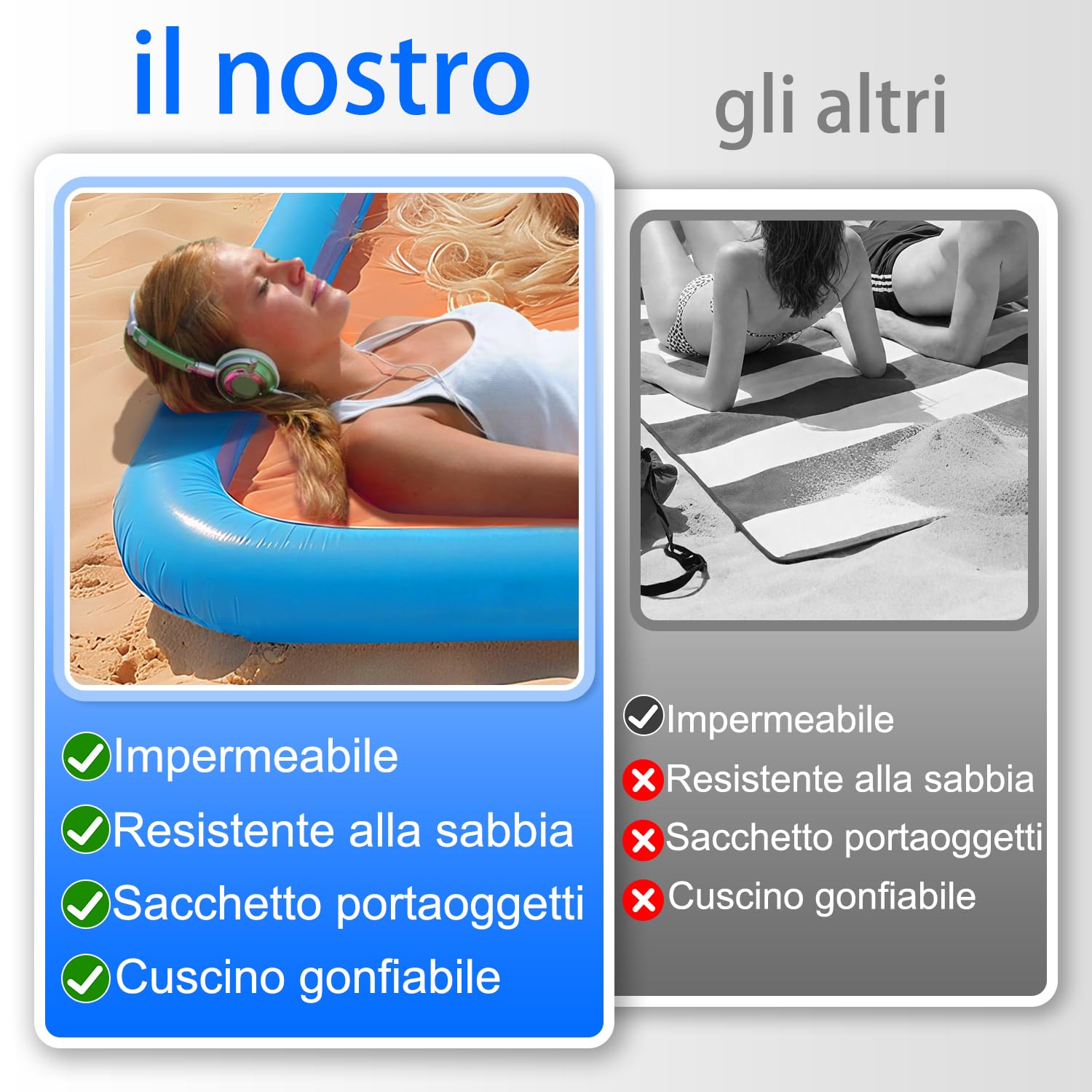 Stuoia Spiaggia, 200 X 210 cm con Telo Spiaggia Antisabbia, Impermeabile Telo Mare Grande con Cuscini Gonfiabili 15 cm, Stuoia Mare si Trasforma in Tendina, Stuoia Campeggio, Coperta Picnic