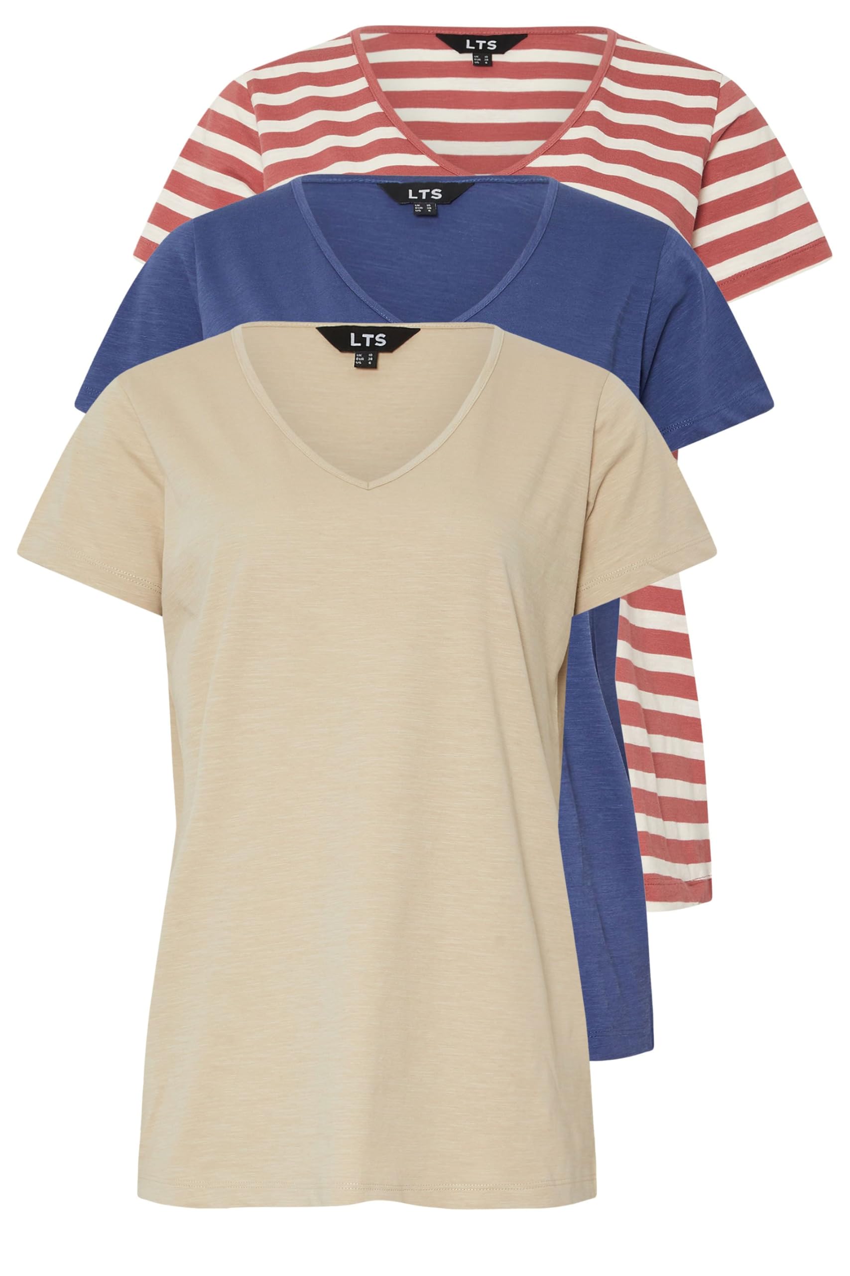 Long Tall Sally Women's Mid Blue Tall 3 Pack Stripe V-Neck T-Shirts Size 16