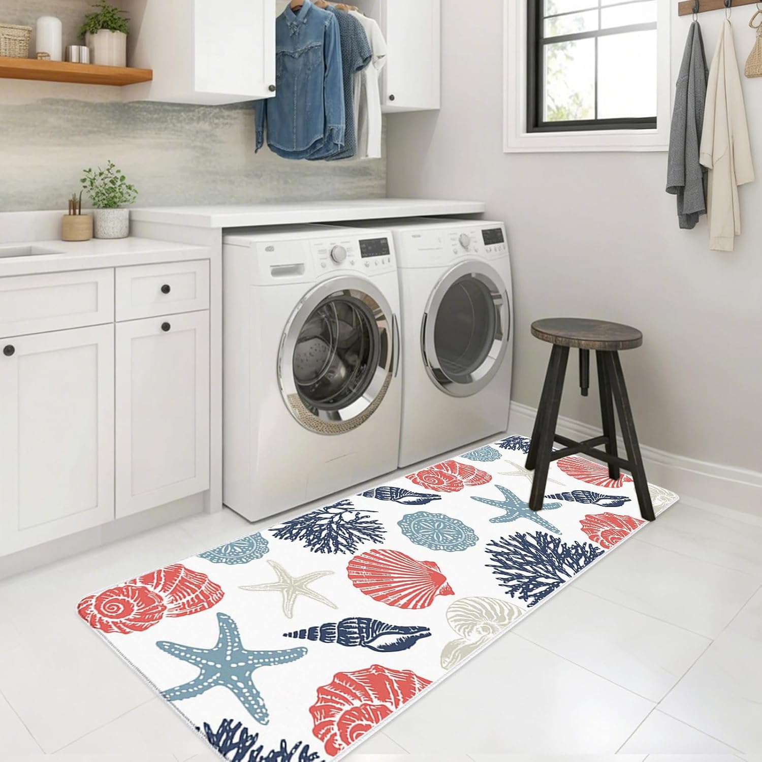 Summer Marine Life Kitchen Mats Set of 2 Graffiti Red Corals Shell Conch Blue Starfish Non Slip Mat Washable Floor Rug for Kitchen Sink Floor Laundry, 19.7"x31.5"+19.7"x47.2"