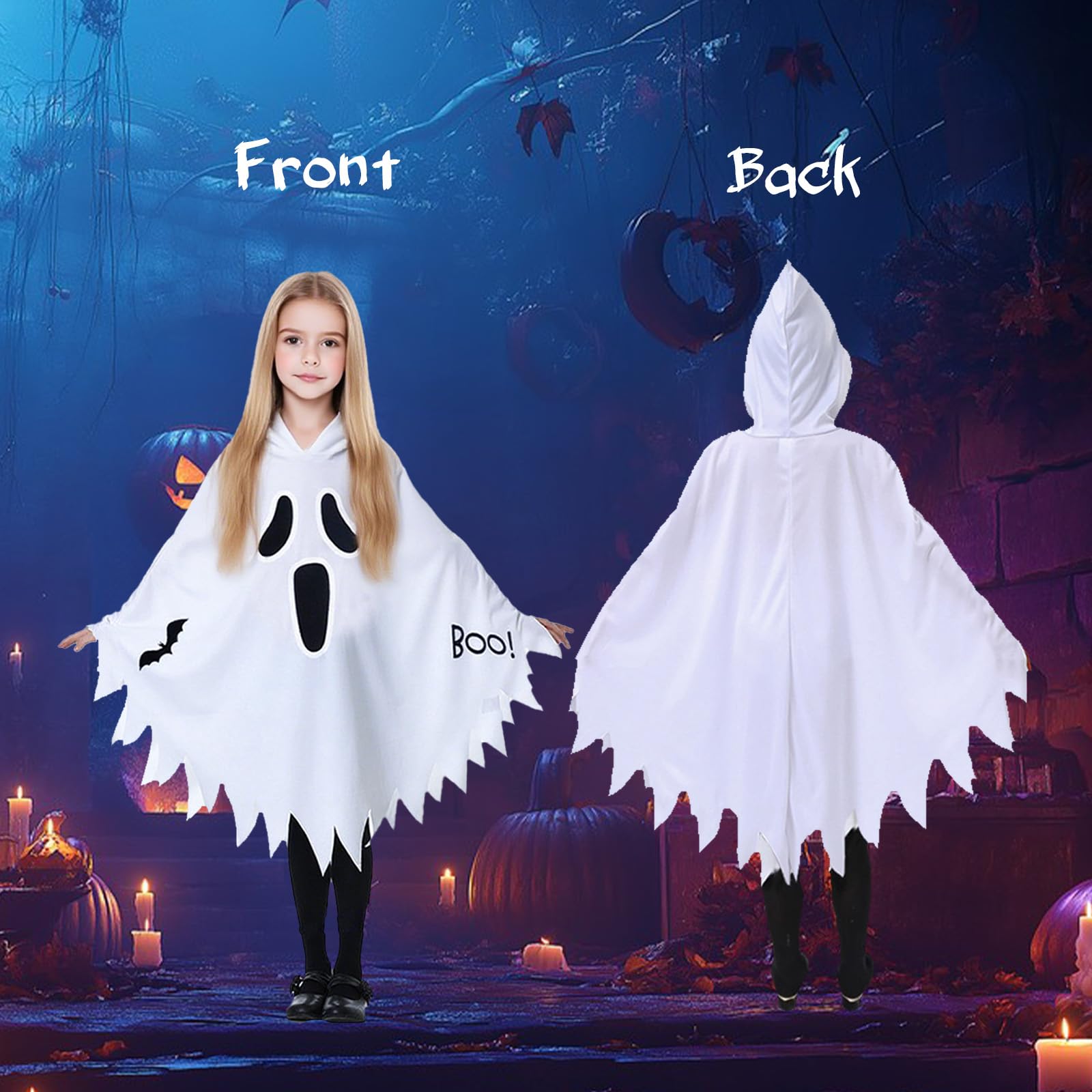 Celebration Directre 4PCS Ghost Halloween Costumes for Kids Glow in the Dark Ghost Face Outfit White Cloak Hooded Pumpkin Bags Skeleton Glasses Devil Pitchfork for Trick-or-Treating Party - Image 4