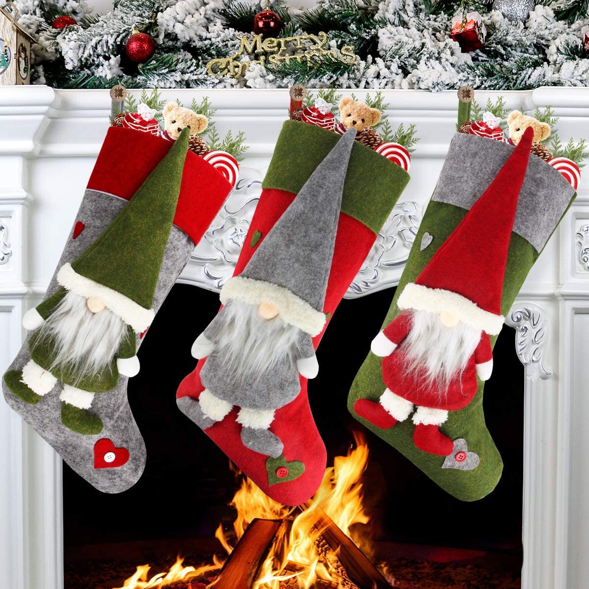 Kaheign 1 3Pcs Christmas Stocking, 46Cm Large Xmas Stocking Candy Gift Hanging Socks With Cute 3D Plush Swedish Gnome For Fireplace Xmas Tree Holiday Christmas Party Decoration (3 Colors)