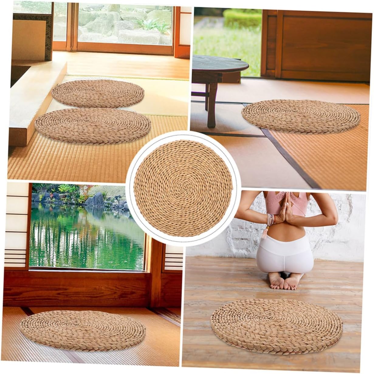 Woven Round Meditation Cushion Floor Pillow Thick Genuine Straw Pad 1.5cm Thick 40cm Diameter Indoor Seating Cushion for Yoga and Meditation