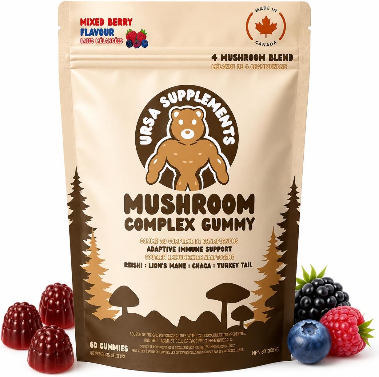 URSA Mushroom Gummies – High Potency 1300mg Mushroom Blend with Lion's Mane, Reishi, Chaga & Turkey Tail – Focus, Energy & Immune Support – Vegan, Gluten-Free, 60 Gummies, Berry Flavour