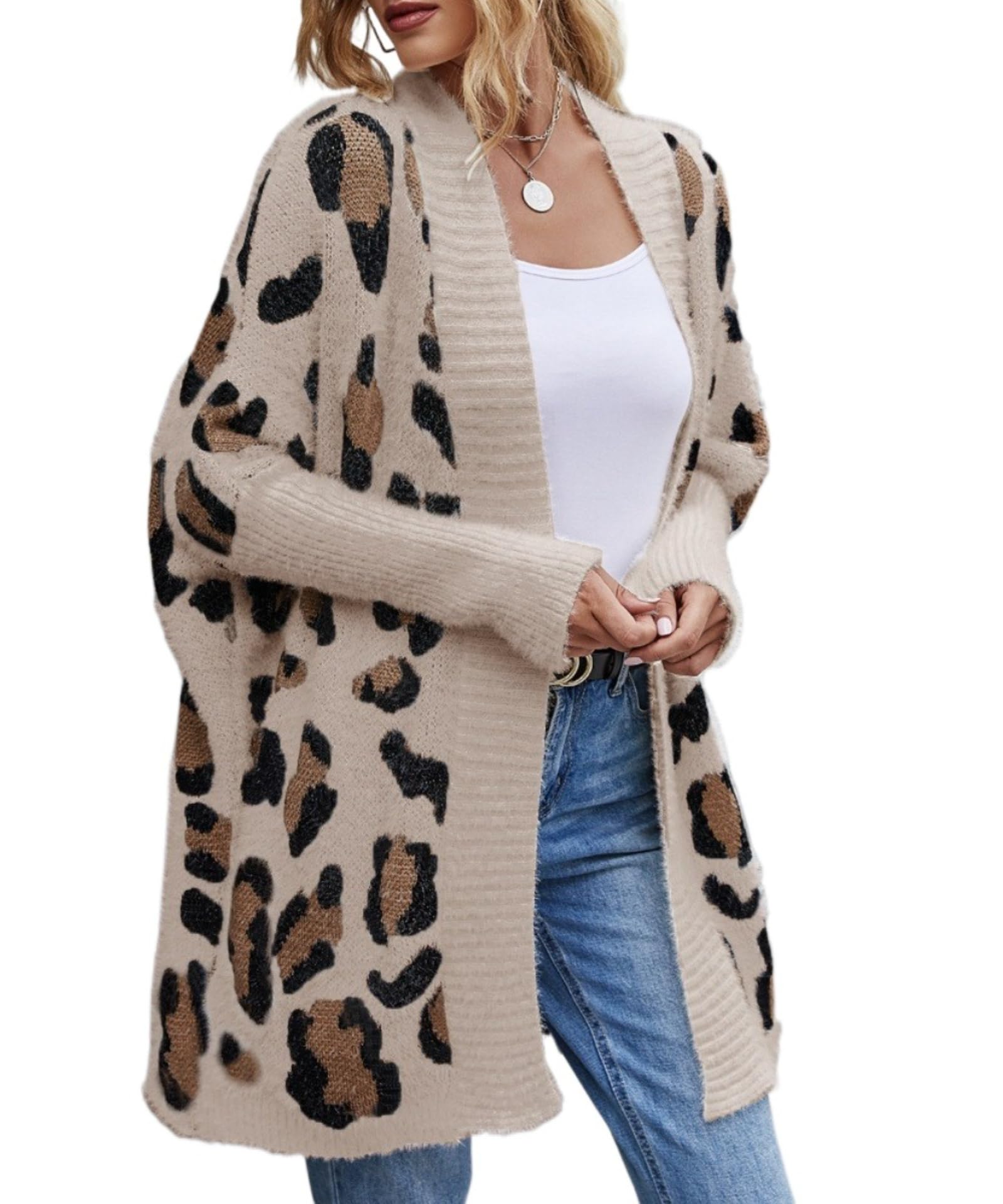 Womens Y2k Open Front Knitted Sweater Fuzzy Leopard Print Long Kimono Batwing Cardigan 2026 Fall Winter Loose Coat