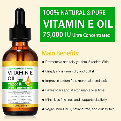 Miniatura 3 de Aceite de vitamina E, 75,000 UI, aceite de vitamina E 100% puro y natural para piel, cara, cabello, uñas y cicatrices, baño corporal hidratante de
