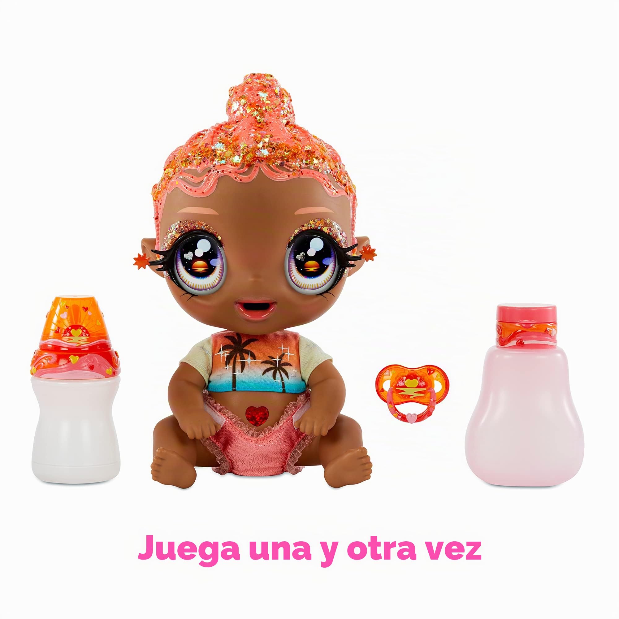 Glitter Babyz Muñeca Solana Sunburst - Con 3 cambios de color mágicos, pelo rosa coral y vestido tropical - Incluye pañal, biberón y chupete reutilizables - Para coleccionar - Edad: 3+ años