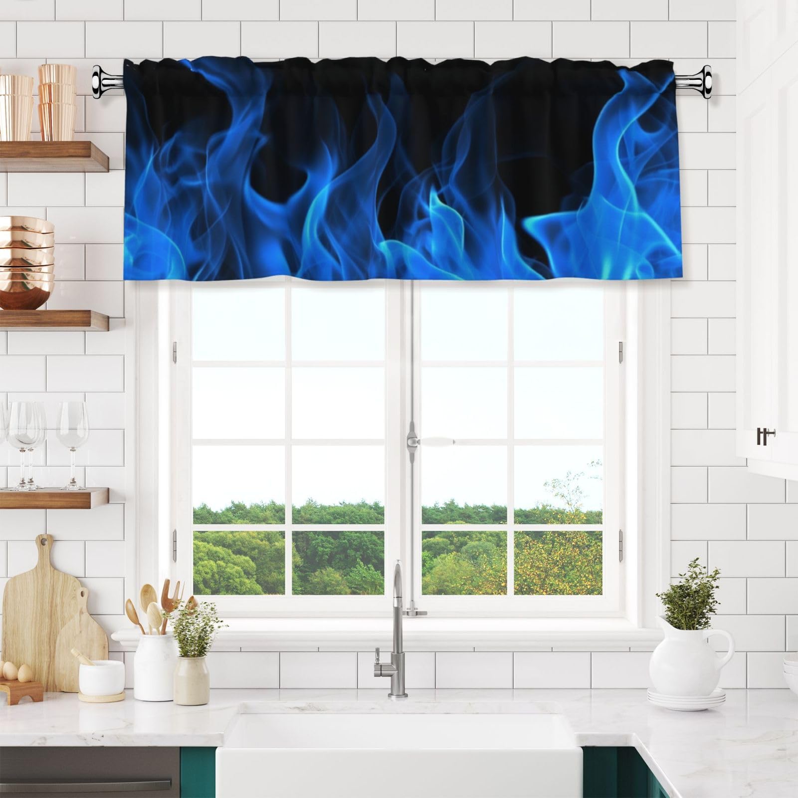 NONHAI Blue Flame Valances for Windows Short Curtains Rod Pocket Cafe Window Treatments Valance Curtains for Kitchen Bathroom Laundry Basement Windows 54x18inch Blackout Window Valance