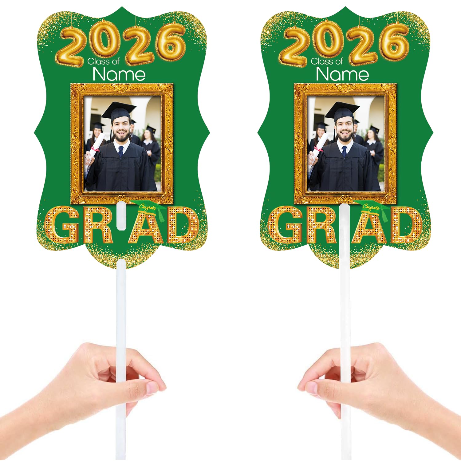 Dicodes Personalized Graduation Double Sided Face Fan Class of 2026 Customized Graduation Head Face Cutout with Handle Fun Photo Prop Supplies(A-Green