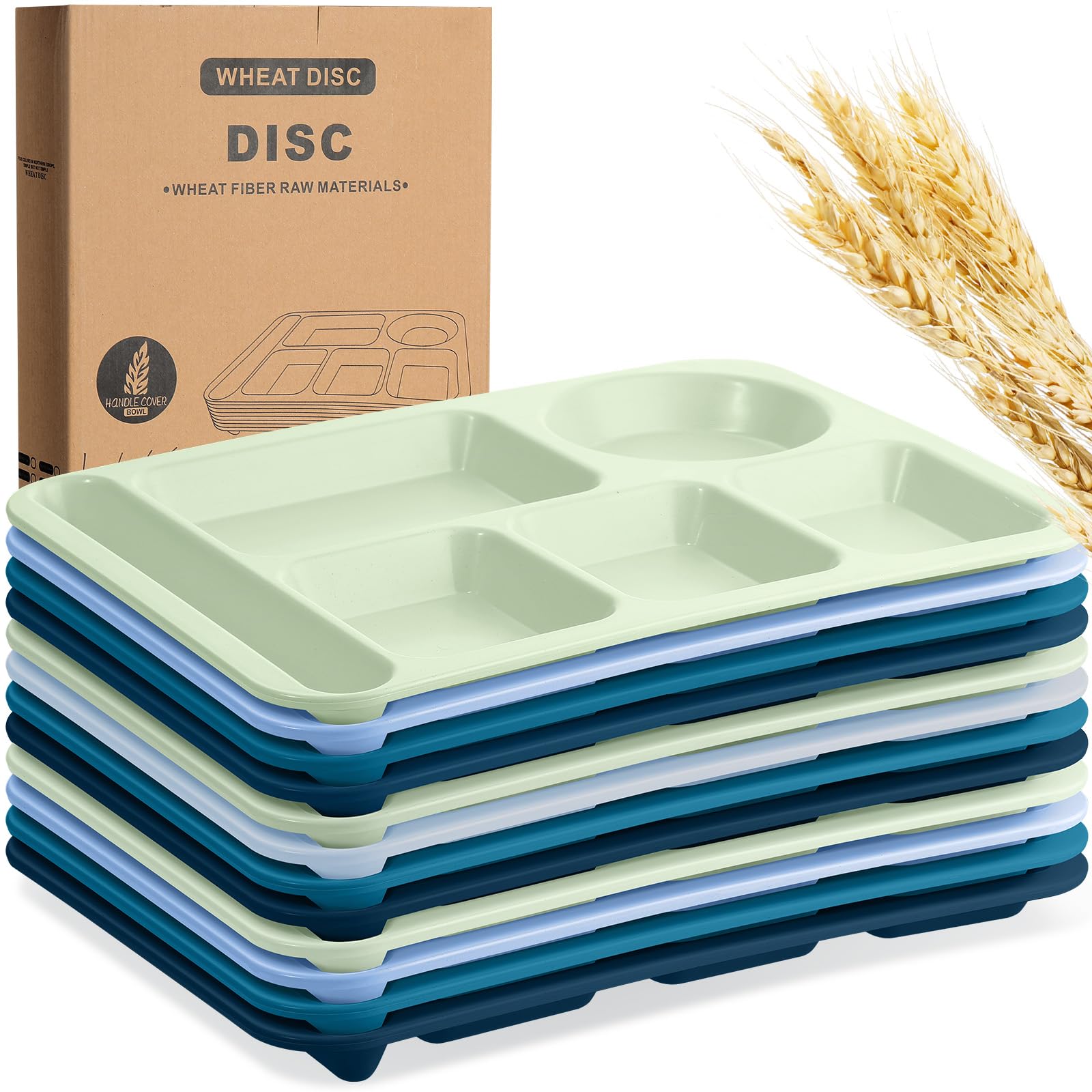 Pinkunn 12 Pcs 14'' Large Divided Plates Unbreakable Wheat Straw Lunch Trays 6 Compartments Cafeteria Trays Microwave Dishwasher Safe Food Separator