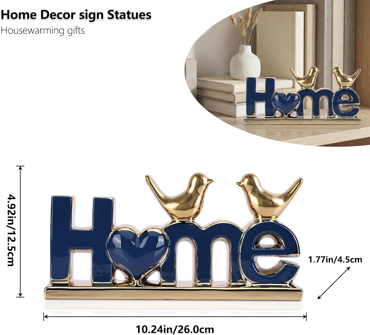 LCCCK Home Sign Statue and Gold Love Birds Figurines, Modern Animal Home Decor Knick Knack, Ceramic Bird Statue for Floating Shelf Coffee Table Bookcase TV Stand Accent Side Table Decorative