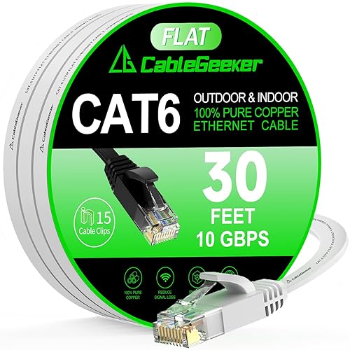 Cable Ethernet Cat 6 de 30 pies, para interiores y exteriores, cable de red plano de Internet de alta velocidad de 10 Gbps, cable de conexión