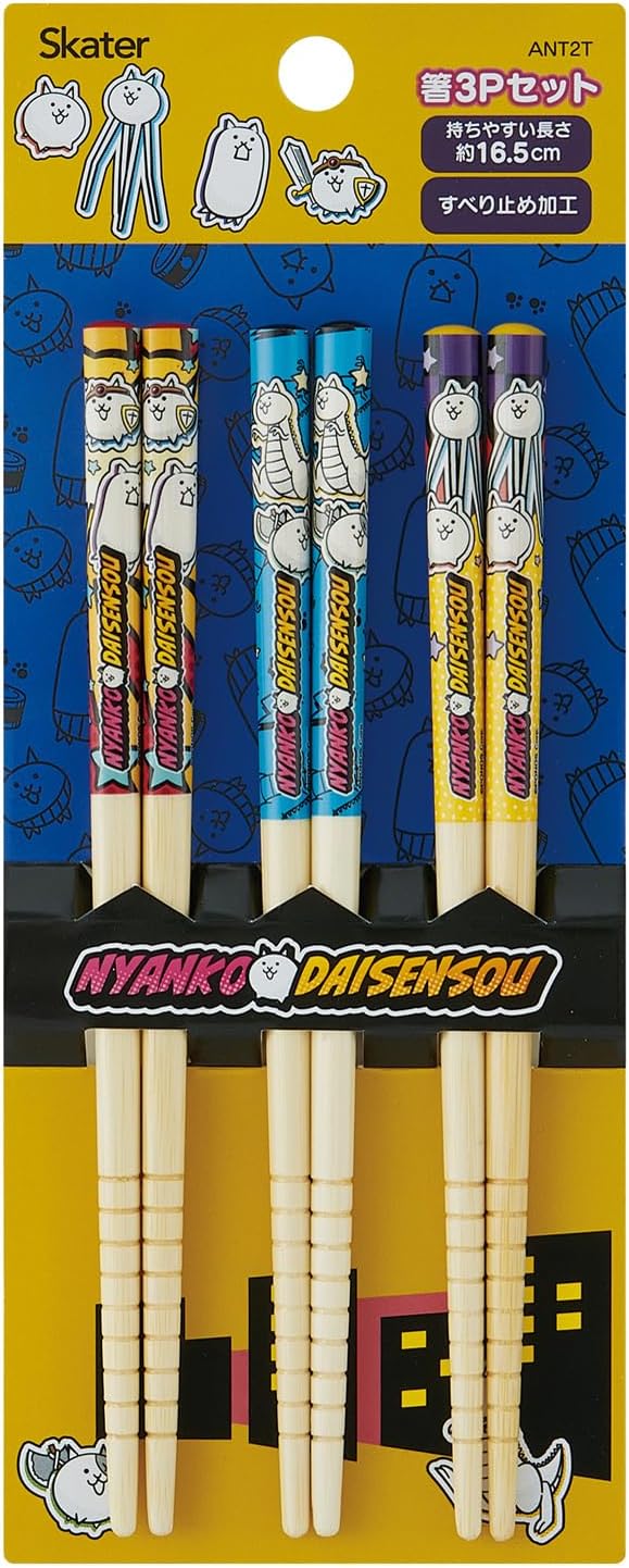 Skater ANT2T-A Bamboo Chopsticks, 6.5 inches (16.5 cm), Set of 3 Pairs, Cat War 26