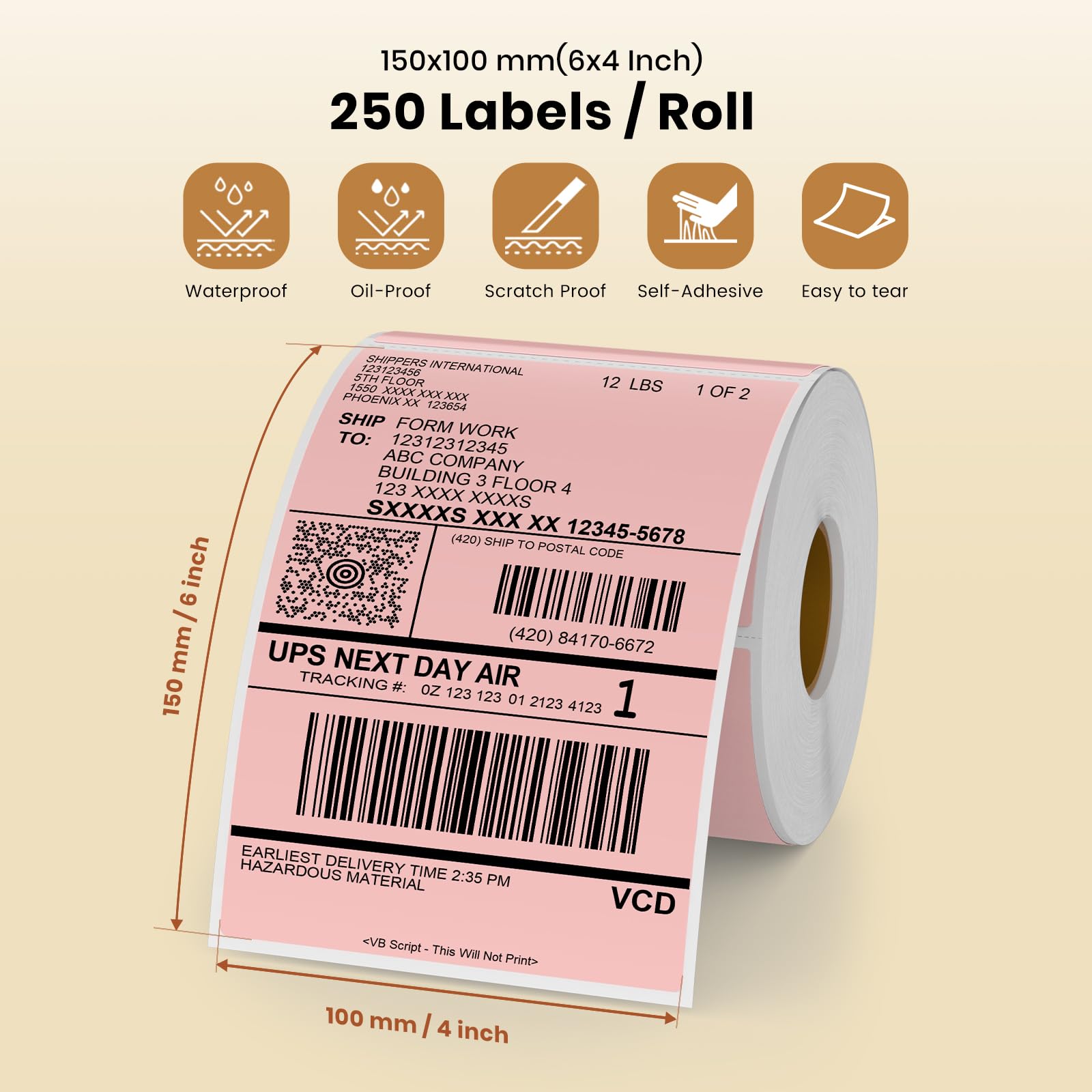 Pink Direct - Etichette termiche adesive in vinile, 15,2 x 10,2 cm, rettangolari, impermeabili, per stampante, etichette per spedizione con codice QR, indirizzi fai da te, ufficio, 250 pezzi