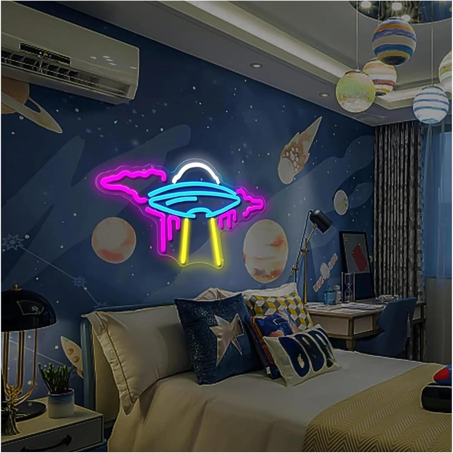 Carteles De Neón De Arte Colgante Ovni Letrero De Neón Nave Espacial Alienígena Luz Led Regulable para Lámpara De Decoración De Pared Alimentado por USB para Niños Sala De Juegos Espaciales