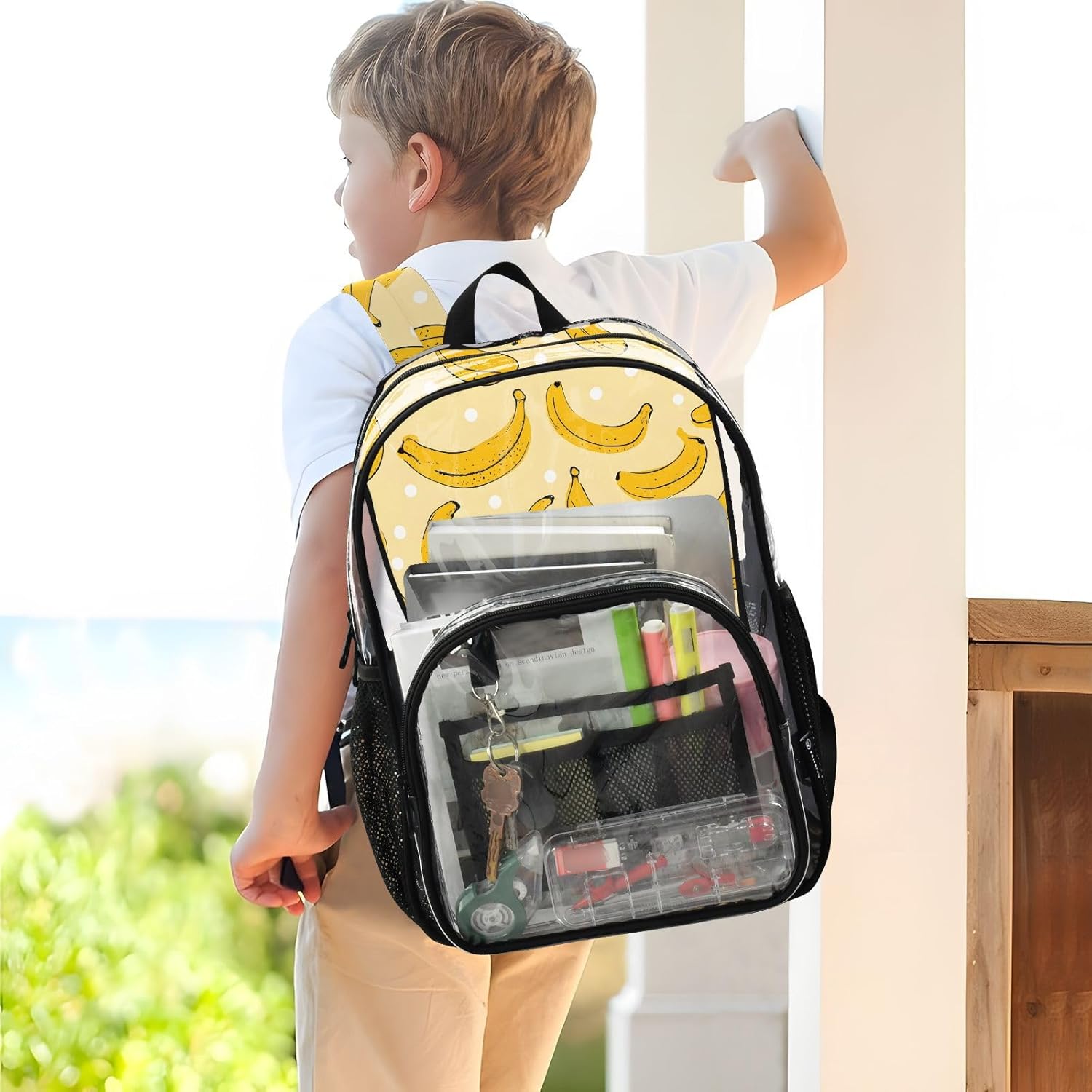 Yellow Banana Polka Dots Clear Backpack Heavy Duty See Through Transparent PVC BookBag for Kids Boy Girl Adult School Work