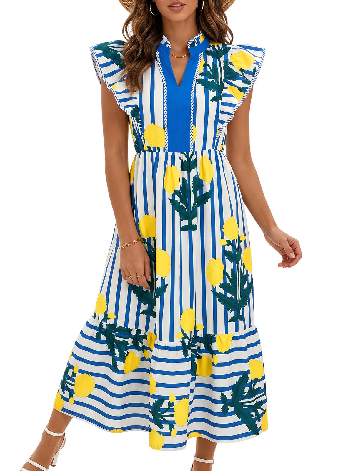 Wenrine Damen-Sommerkleider 2026, V-Ausschnitt, Rüschen, Flügelärmel, Empire-Taille, fließendes Blumenmuster, gestreift, Strand-Maxikleid mit Taschen