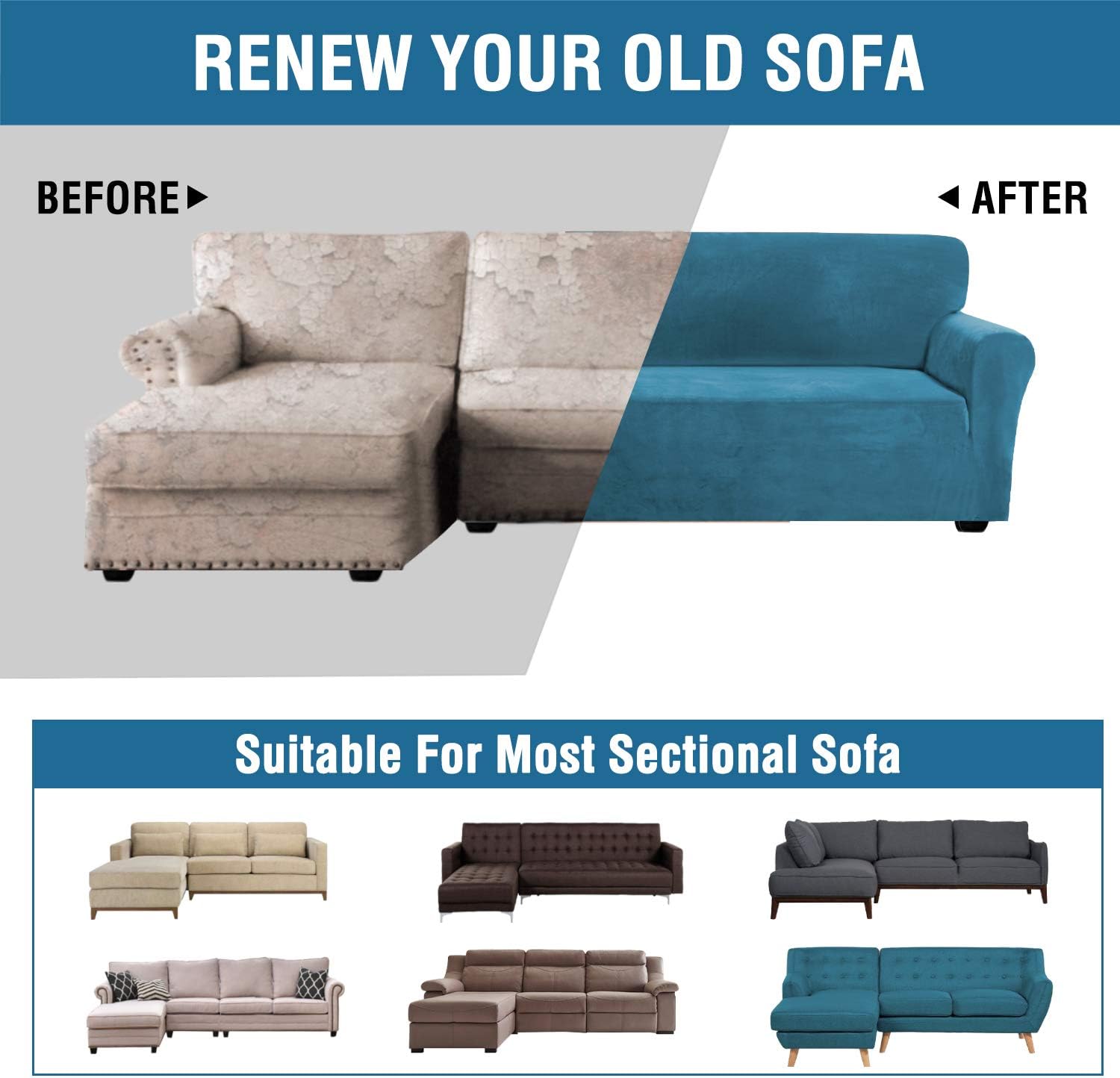H.VERSAILTEX Thick Velvet Stretch L Shaped Sofa Cover 4-Seat Sofa Sectional Couch Cover 2 Piece Sofa Cover Plus Left Chaise Cover with Non Slip Straps, Soft, Comfy and Bouncy, Peacock Blue