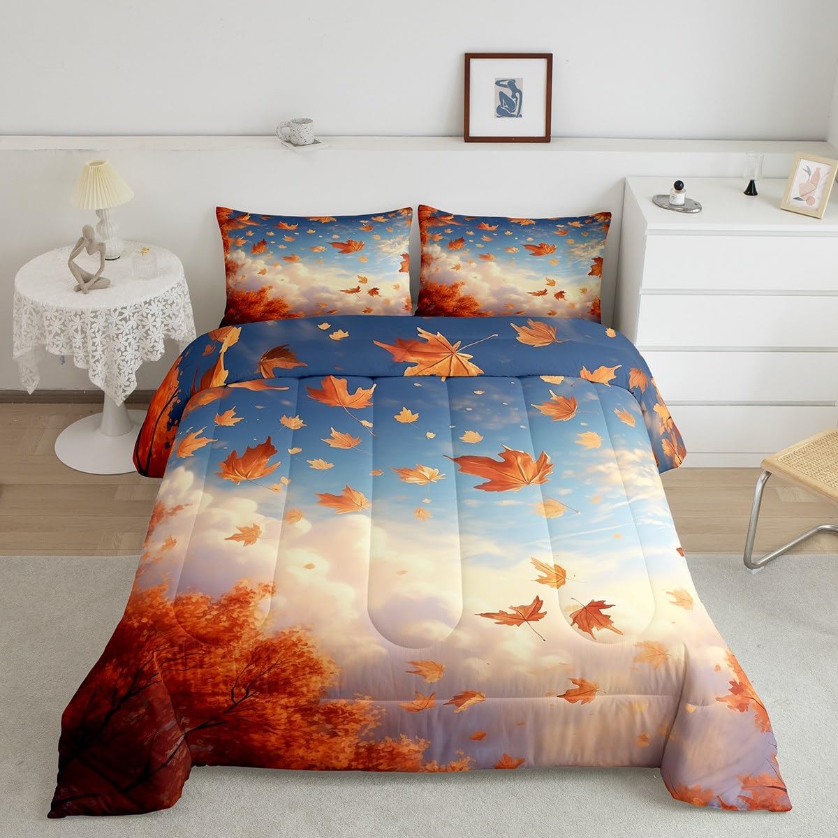 Feelyou Maple Leaf Comforter Set Twin Autumn Bedding Set for Kids Nutrue Theme Comforter Women Men Sky Cloud Quilt Set 2Pcs