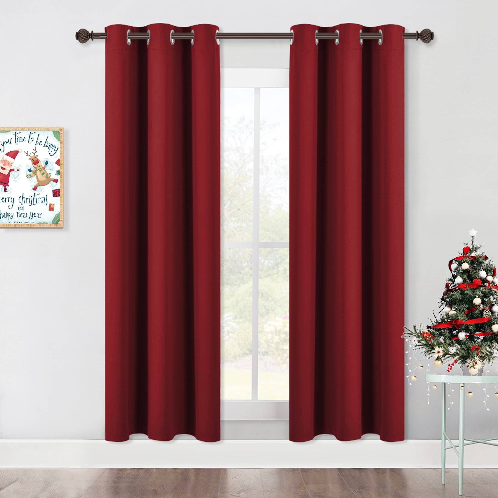 NICETOWN Christmas Bedroom Curtain Panels Blackout Draperies, Home Decorations Thermal Insulated Solid Grommet Top Blackout Curtains/Drapes for Winter (1 Pair, 42 x 72-Inch, Burgundy Red)