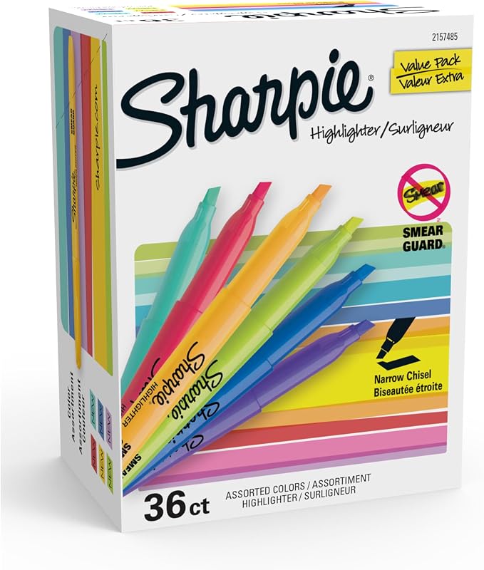 Marcadores de bolsillo Sharpie, punta de cincel estrecha, 12 colores de moda surtidos, 36 unidades, para estudiar, tomar notas, escuela, universidad, oficina, suministros para estudiantes y profesores