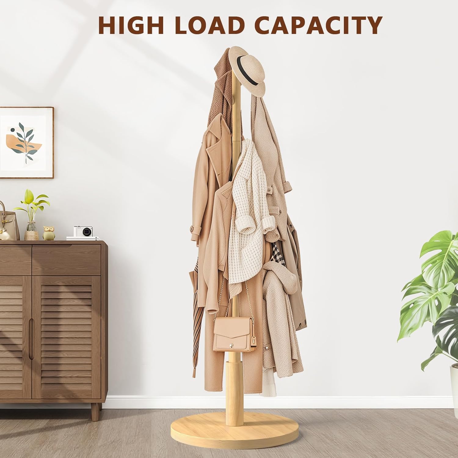 Coat Rack Freestanding Wooden Coat Tree Stand with 8 Round-tip Hooks, 3 Adjustable heights Coat Hat Rack for Entryway,Bedroom,Hallway,Office (Natural)
