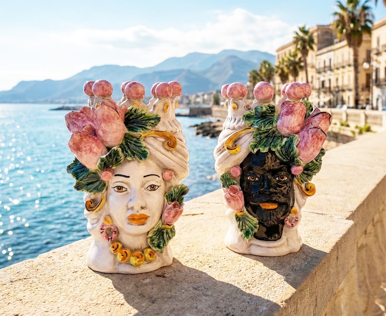 Cabezas de moro de cerámica de Caltagirone Mondocreazioni tulipanes rosas para revivir tu hogar
