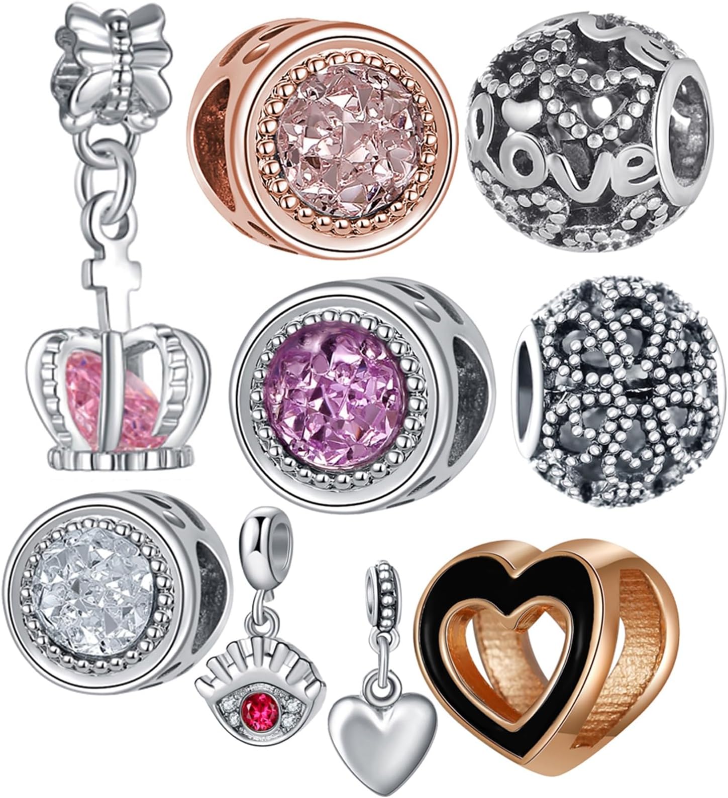 9 Pack Plated Silver Spacer Beads Charms fit Bracelet Dangle Set