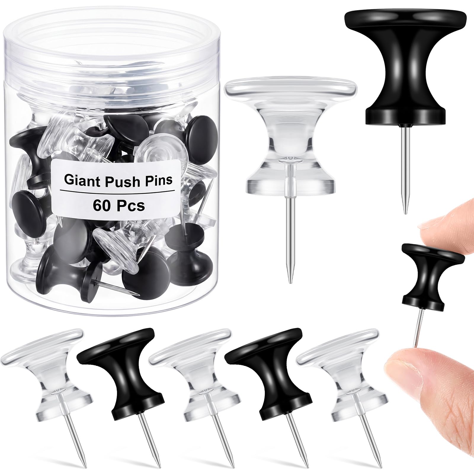 Outus Giant Push Pins 60 Pieces, 1 Inch Plastic Heads, Steel Points, Clear & Black, Decorative, for Cork Board, Map, Posters, Office, School โ image 1