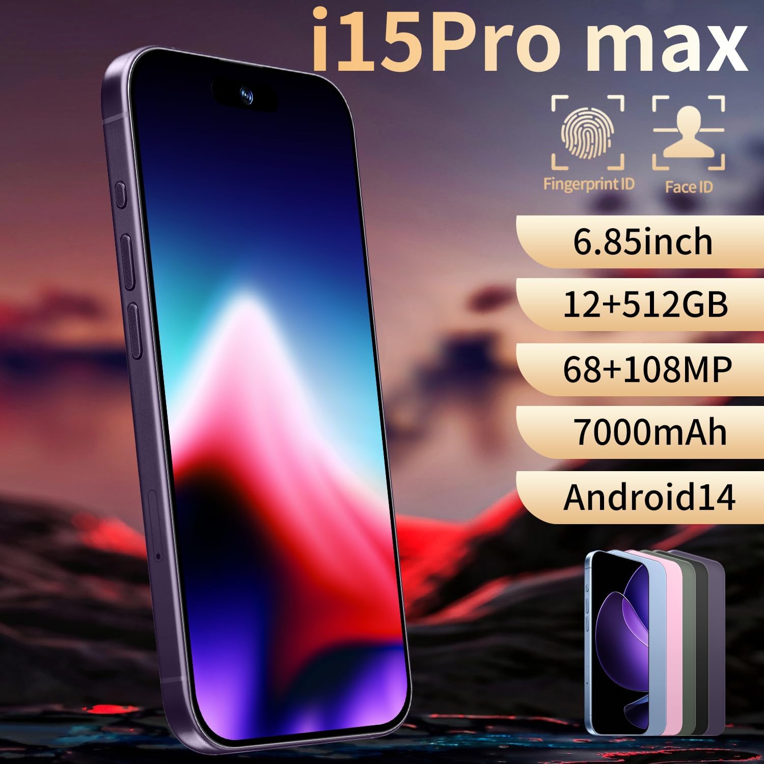 15ProMAX 5G Phone 12+512GB Unlocked Cell Phone,Smartphone 6.85" HD Screen Unlocked Phones,Battery 7000mAh Android 13,/Face ID/Fingerprint Unlock/Dual SIM/GPS (Dark Purple) image 2 of 7 B0FD863QRS